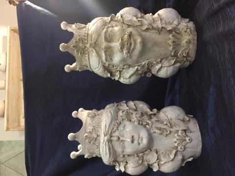Teste di Moro-Normanne bianche altezza 35 cm con applicazioni di frutta Laura Buzzetta Siciliano
