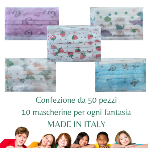 CONFEZIONE 5 FANTASIE MASCHERINE CHIRURGICHE BAMBINI MADE IN ITALY  50 PEZZI