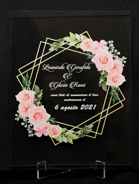 Partecipazioni in Plexiglas personalizzate - Grafica Doppi Quadrati con Fiori Regplex Eventi - Wedding - Cerimonie - Matrimonio - Feste