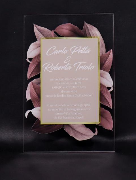 Partecipazioni in Plexiglas personalizzate - Grafica Invito su Foglie Regplex Eventi - Wedding - Cerimonie - Matrimonio - Feste