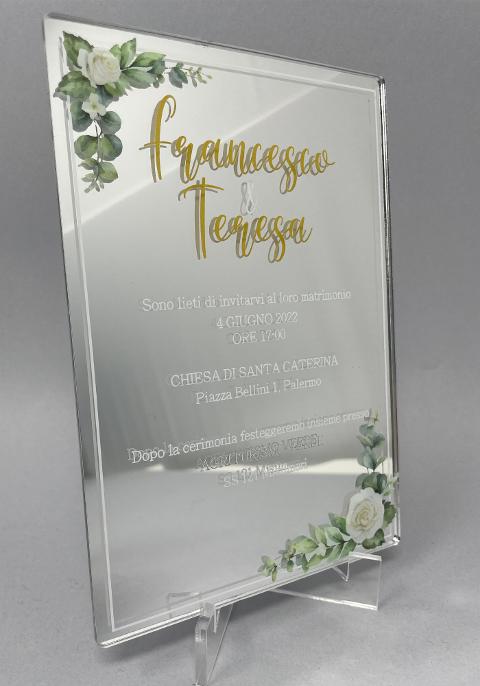 Partecipazioni in Plexiglas personalizzate - Specchiato Grafica con Fiori Regplex Eventi - Wedding - Cerimonie - Matrimonio - Feste