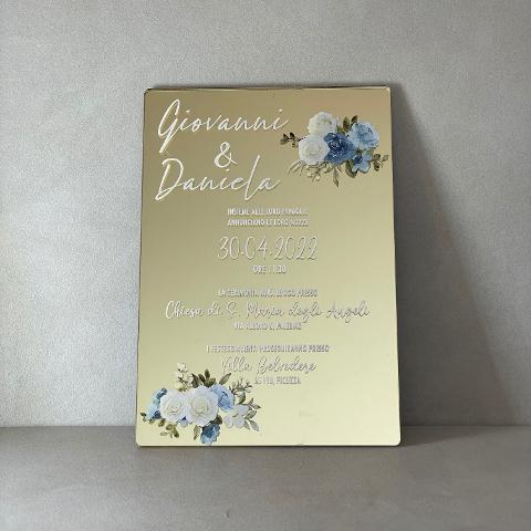 Partecipazioni in Plexiglas personalizzate - Specchiato Gold Oro Grafica Fiori Regplex Eventi - Wedding - Cerimonie - Matrimonio - Feste