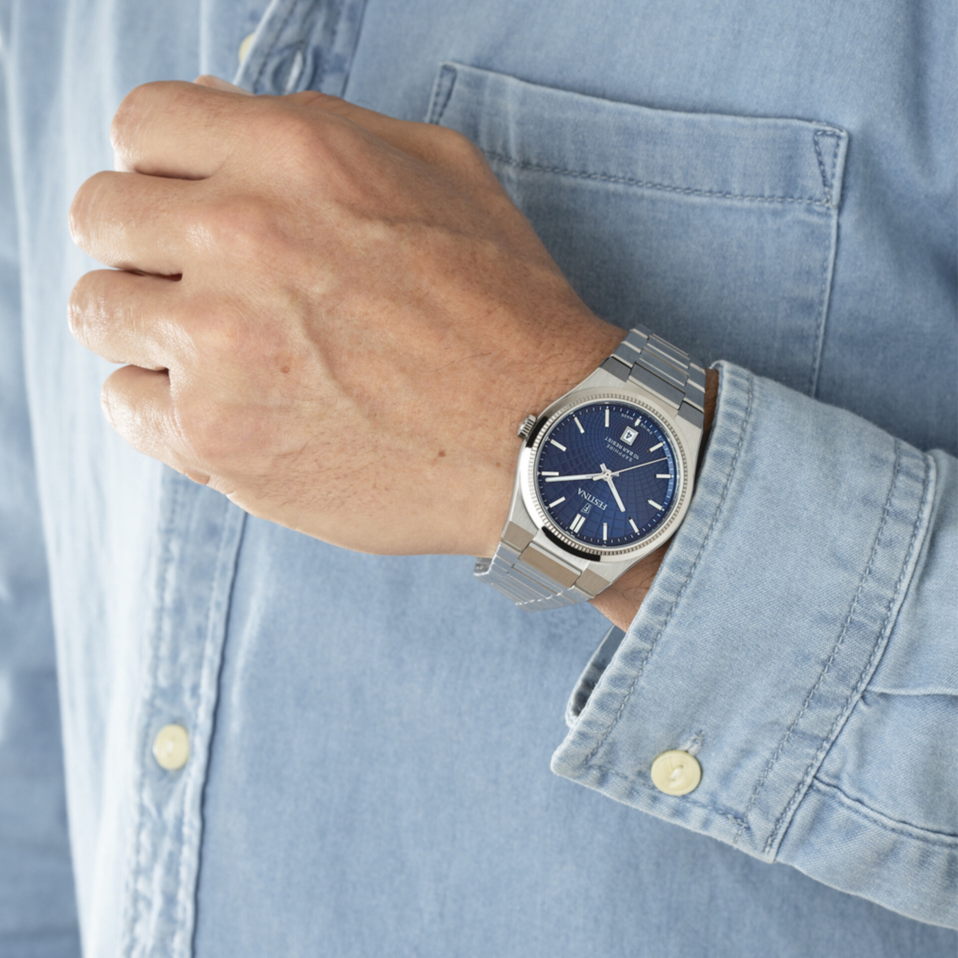 Orologio Festina Swiss Made azzuro cinghia acciaio inossidabile, uomo Festina Nueva I-Size