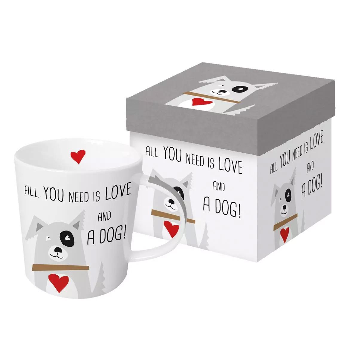 Tazza Mug in porcellana New Bone China decorata PPD ALL YOU NEED IS LOVE AND A DOG