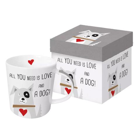 Tazza Mug in porcellana New Bone China decorata PPD ALL YOU NEED IS LOVE AND A DOG