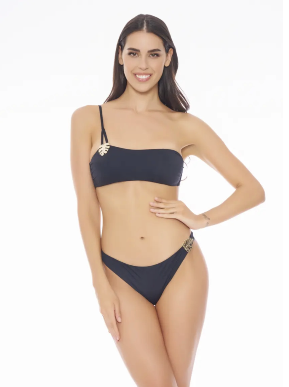 fascia monospalla con applicazione in oro foglia slip brasiliano miss bikini fascia monospalla con applicazione oro