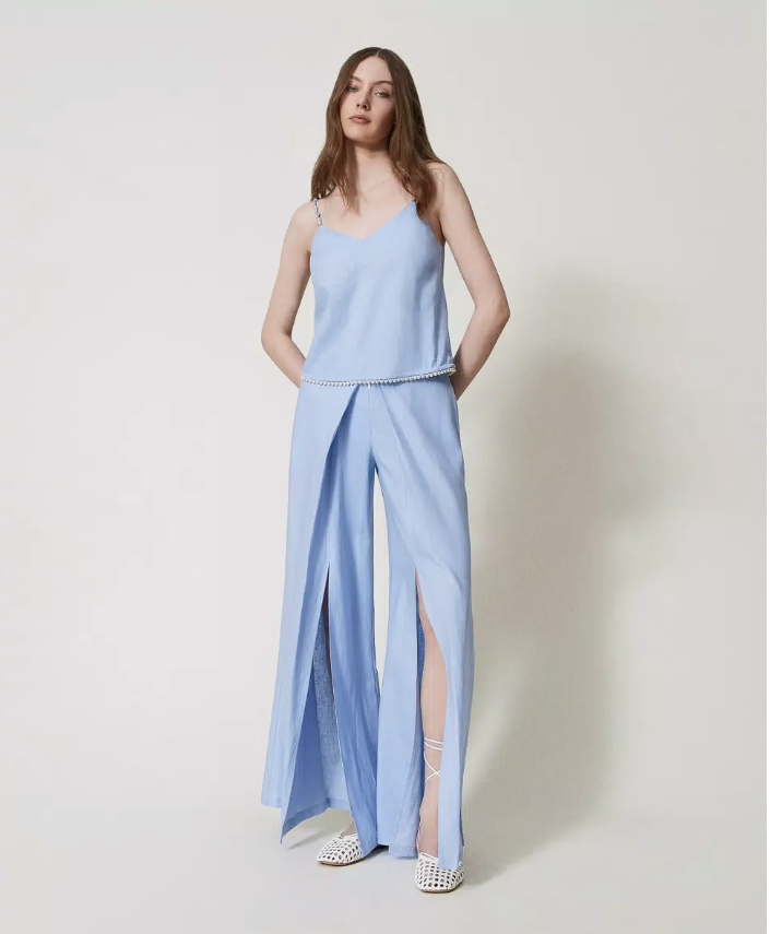 pantalone palazzo in  misto lino con spacco davanti twinset pantalone largo
