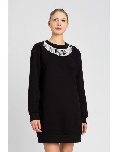 Abito girocollo nero con dettaglio collana di perle Twinset Felpato