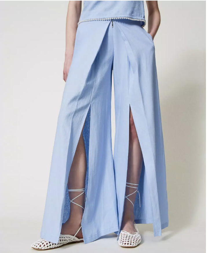 pantalone palazzo in  misto lino con spacco davanti twinset pantalone largo