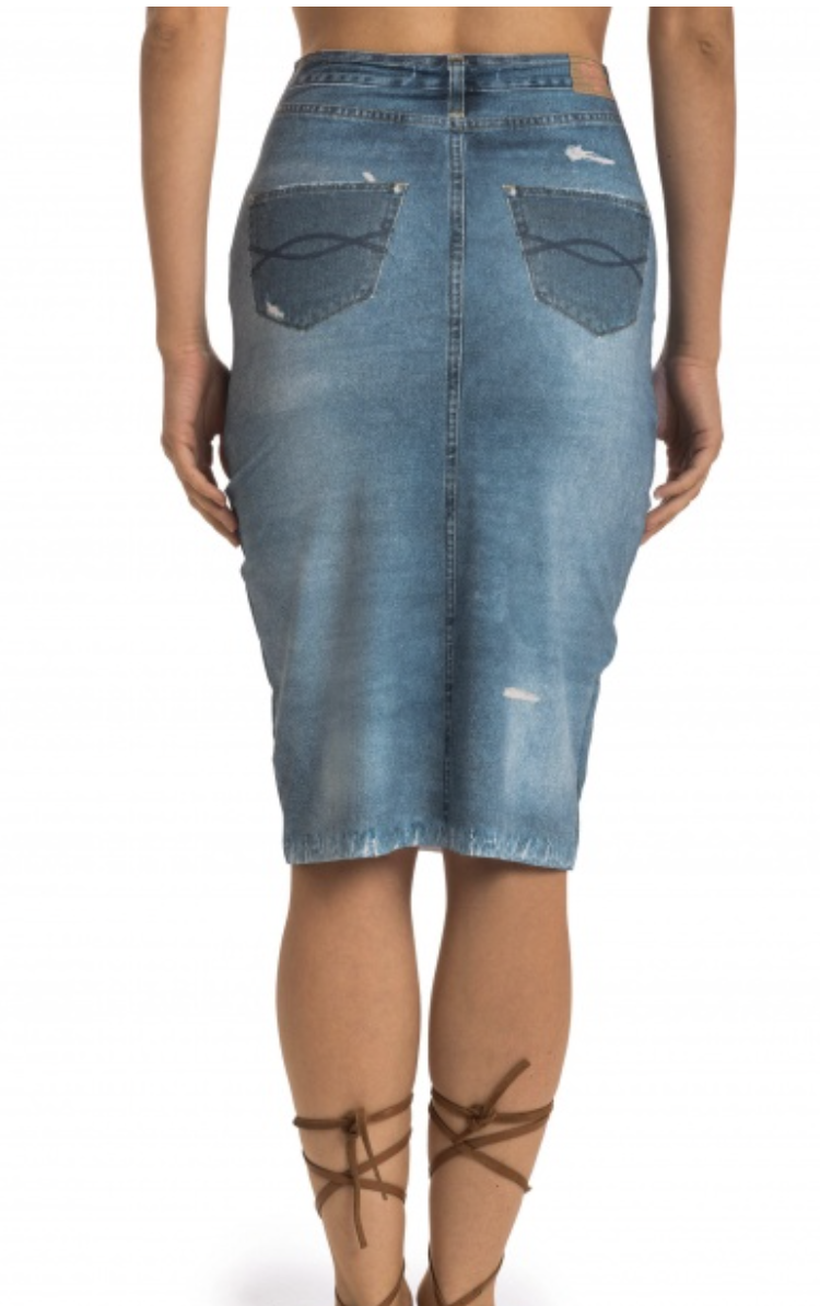 Gonna longuette in morbida lycra stampa Jeans. poisson damour GONNA LOUNGUETTE