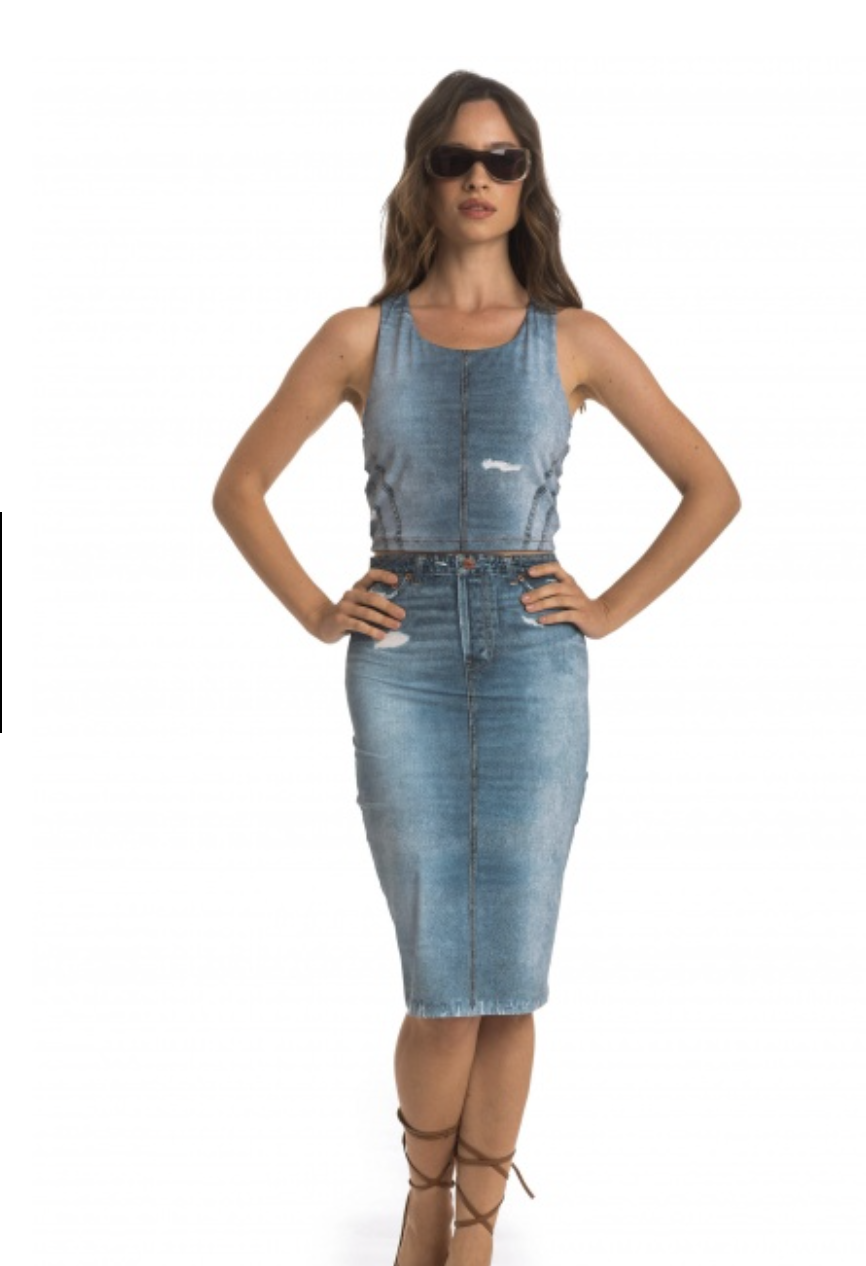 Gonna longuette in morbida lycra stampa Jeans. poisson damour GONNA LOUNGUETTE