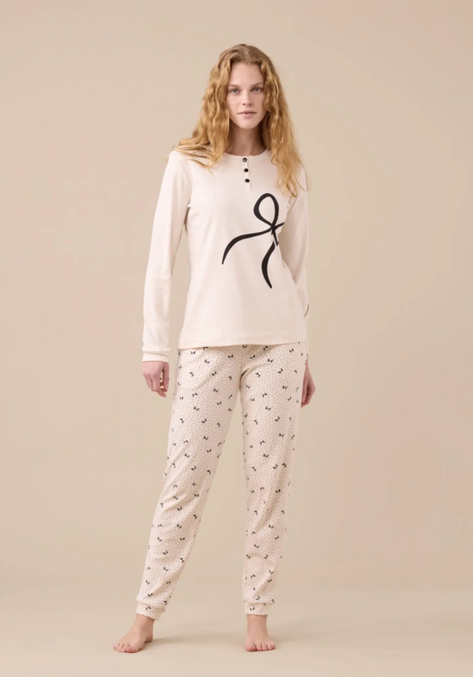 Pigiama donna caldo cotone Noidinotte manica lunga tre bottoni con polsini art 9250