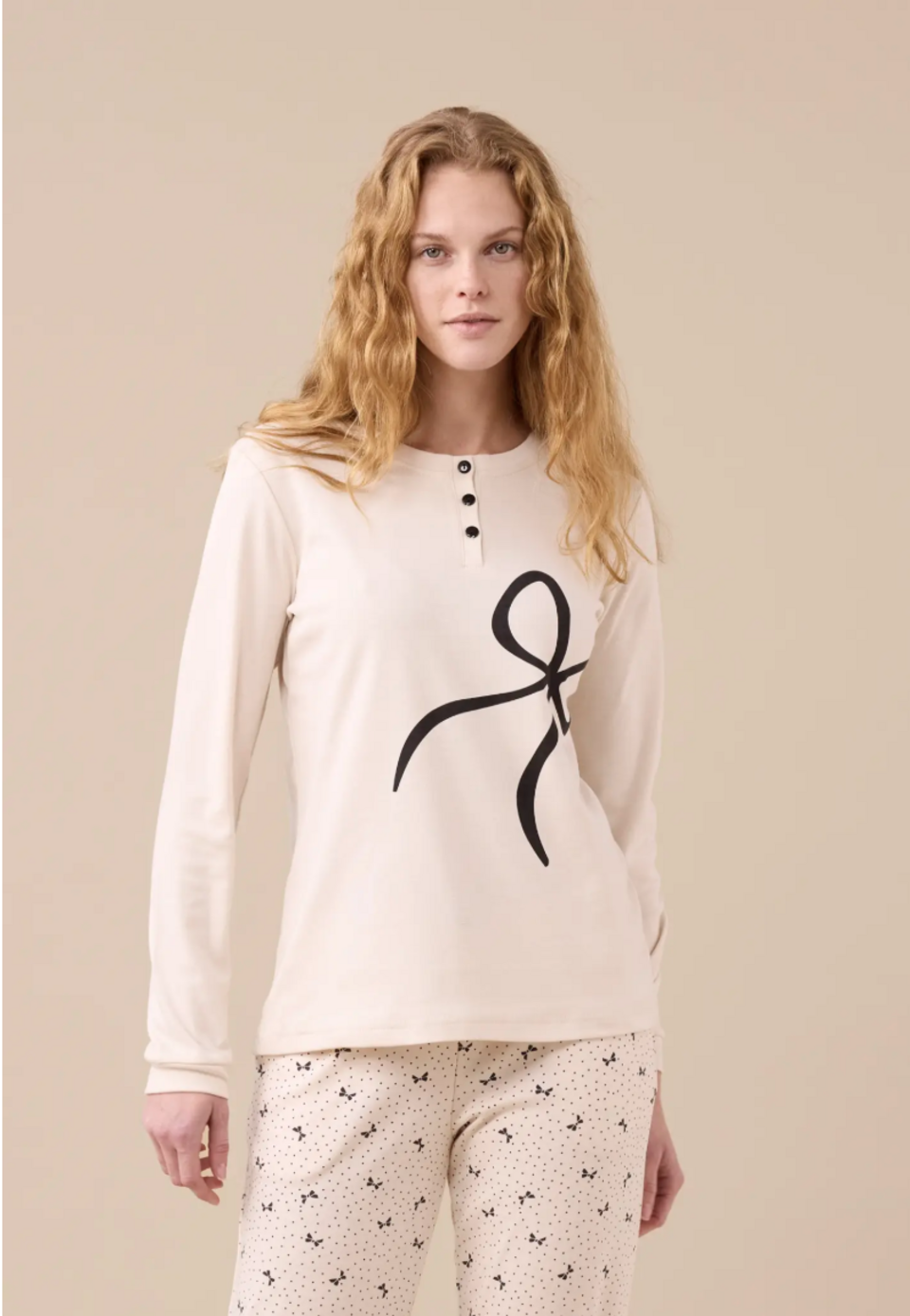 Pigiama donna caldo cotone Noidinotte manica lunga tre bottoni con polsini art 9250