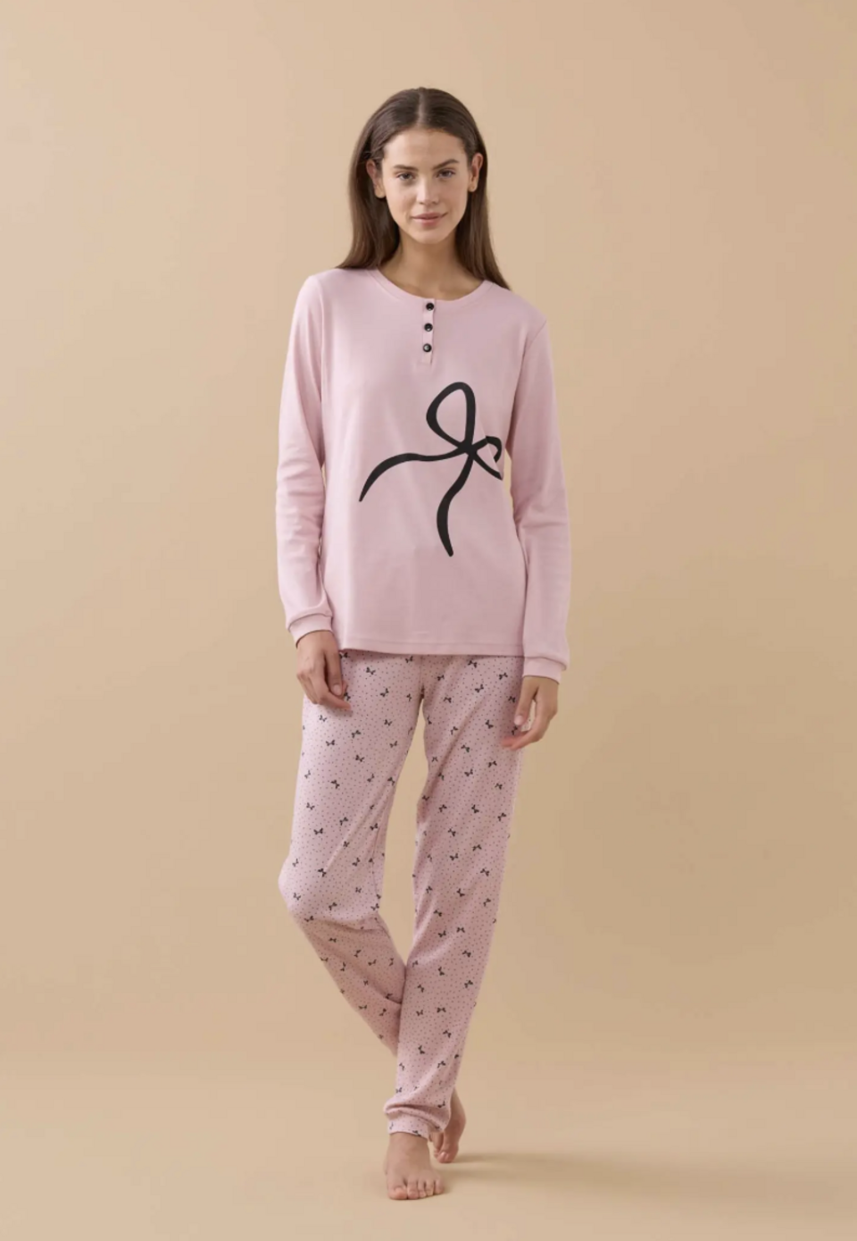 Pigiama donna caldo cotone Noidinotte manica lunga tre bottoni con polsini art 9250