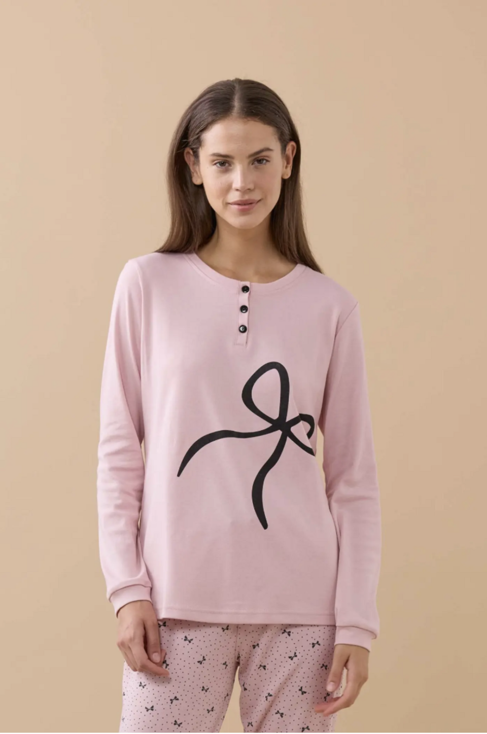 Pigiama donna caldo cotone Noidinotte manica lunga tre bottoni con polsini art 9250
