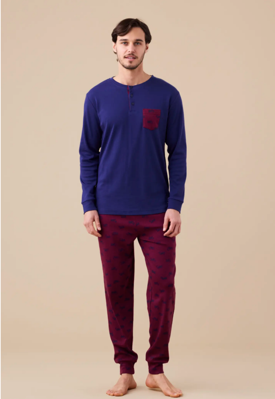 Pigiama uomo caldo cotone motorbike tre bottoni Noidinotte tre bottoni pantalone fantasia motorbike