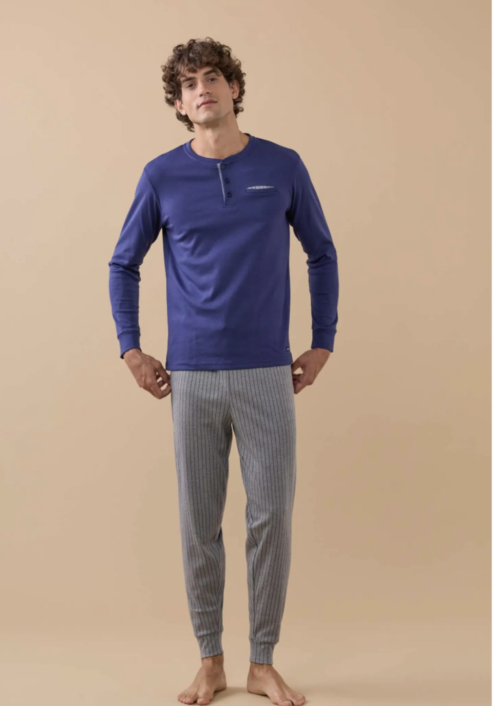Pigiama uomo caldo cotone righe Noidinotte manica lunga tre bottoni con polsini art fc3111
