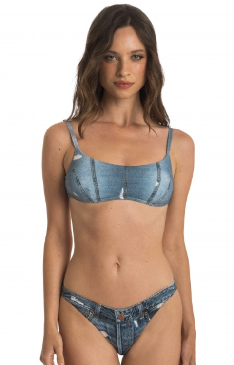 Bikini fascia con imbottitura estraibile in morbida lycra stampa Jeans. poisson damour fascia e tanga