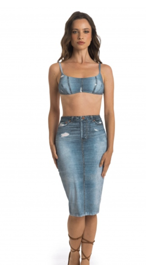 Gonna longuette in morbida lycra stampa Jeans. poisson damour GONNA LOUNGUETTE