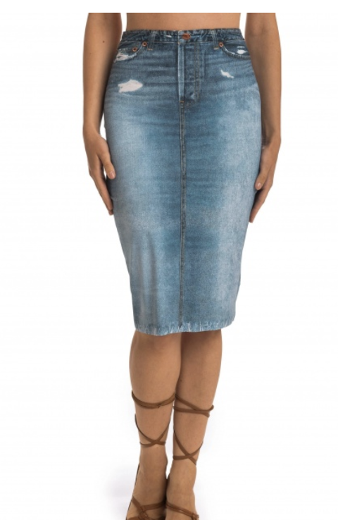 Gonna longuette in morbida lycra stampa Jeans. poisson damour GONNA LOUNGUETTE