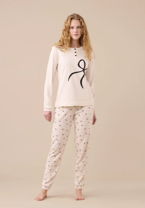 Pigiama donna caldo cotone Noidinotte manica lunga tre bottoni con polsini art 9250