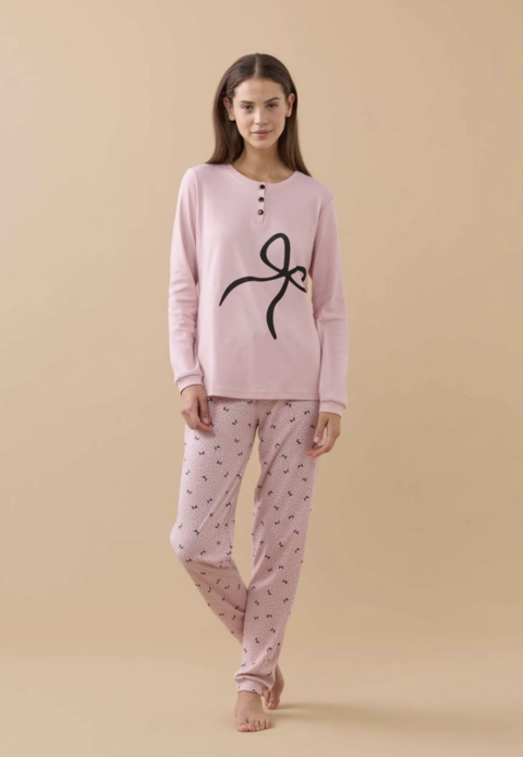 Pigiama donna caldo cotone Noidinotte manica lunga tre bottoni con polsini art 9250