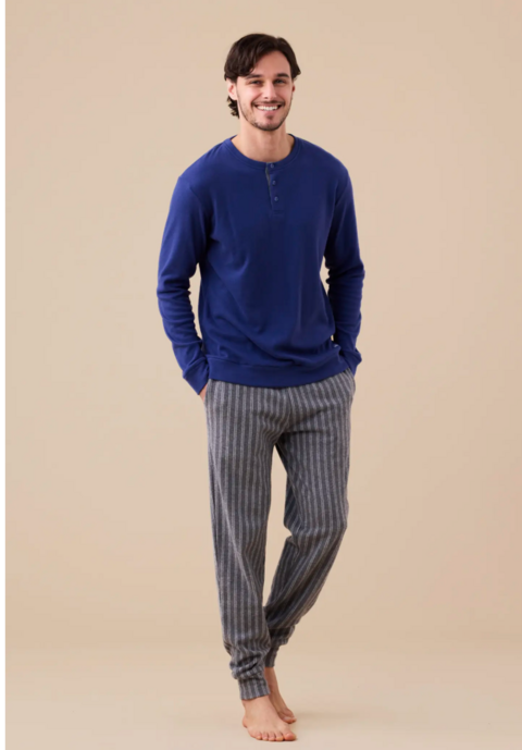 Pigiama uomo punto milano righe Noidinotte manica lunga tre bottoni con polsini art fc3179
