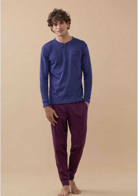 Pigiama uomo Caldo Cotone pantalone Spighettato Noidinotte manica lunga tre bottoni con polsini art fc3131
