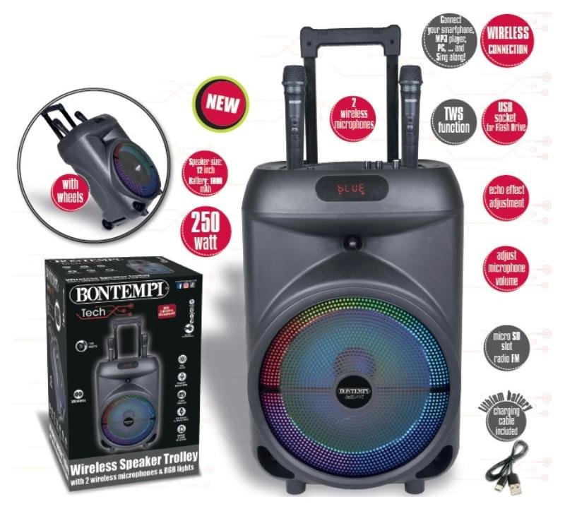 Trolley Amplificatore Wireless con 2 Microfono Wirelesse e funzione TWS bontempi