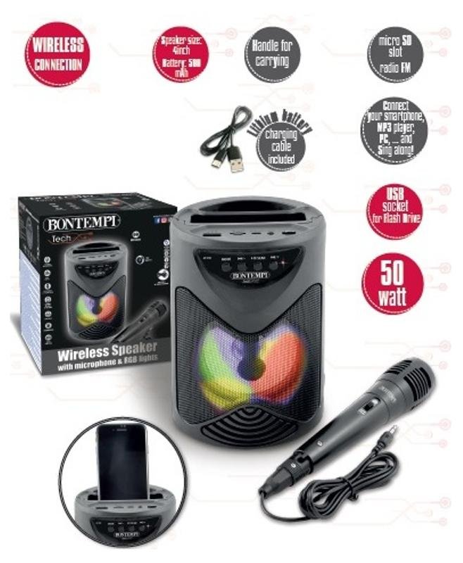 Amplificatore Wireless con microfono dinamico, vano porta smartphone, effetti luminosiI, funzione TWS ed effetto Eco bontempi