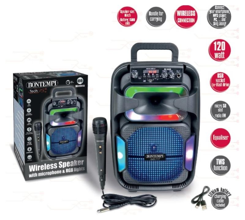 Amplificatore Wireless con microfono dinamico, effetti luminosi, regolatore ALTI e BASSI, funzione TWS ed effetto Eco bontempi