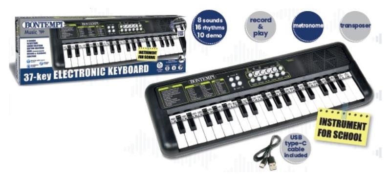 Tastiera 37 tasti MINI - passo 1,5 cm con presa per cuffie, striscia pentagrammata, metronomo e trasposer bontempi