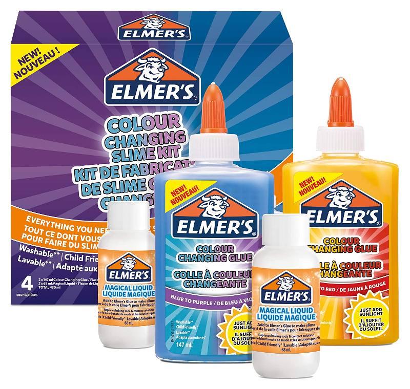 ELMER's COLOR CHANGING SLIME KIT : contenente 2 Flaconi di colla liquida CambiaColore dal BLU al VIOLA e dal GIALLO al ROSSO da 147 ml + 2 Flaconi di MAGICAL LIQUID da 68 ml Elmer's (distr. Neweel)