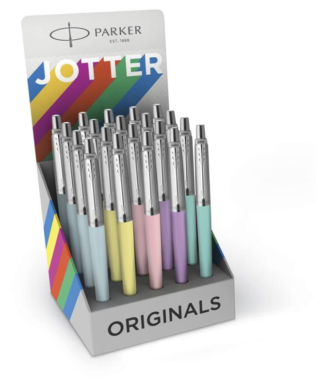 Espositore PARKER Jotter Plastic Colori PASTELLO con 20 penne assortite- 4 pezzi per colore Pastello Azzurro, Rosa, Giallo, Verde Menta, Violetto Elmer's (distr. Neweel)
