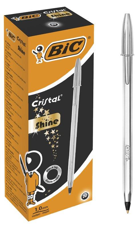 CONFEZIONE 20 PENNE CRISTAL SHINE AD INCHIOSTRO NERO CORPO PENNA ARGENTO bic