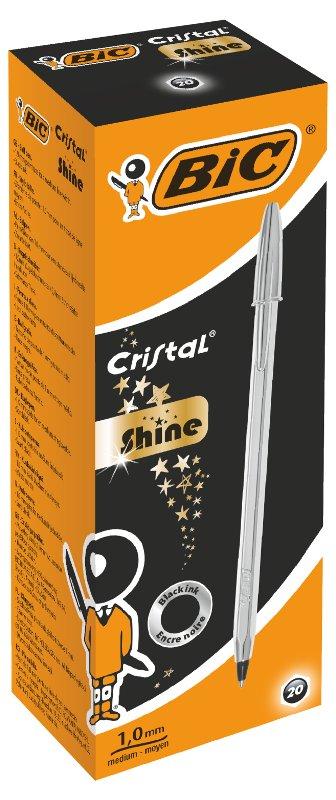 CONFEZIONE 20 PENNE CRISTAL SHINE AD INCHIOSTRO NERO CORPO PENNA ARGENTO bic