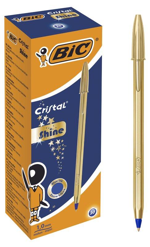 CONFEZIONE 20 PENNE CRISTAL SHINE AD INCHIOSTRO BLU CORPO PENNA ORO bic