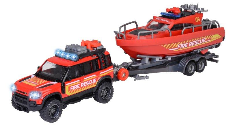 Majorette Grand Series Land Rover + Barca Pompieri, luci e suoni cm.34 funzionamento a ruota libera, corpo dell'auto in die cast, carrello con gancio funzionate, luci e suoni, pneumatici in gomma, barca Simba