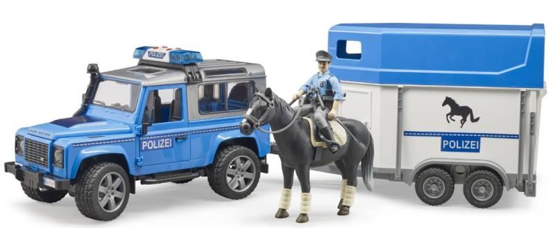 Land Rover Defender Polizia con rimorchio, cavallo e poliziotto bruder