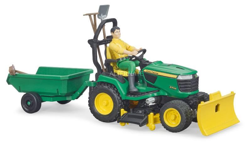 John Deere trattore tosaerba con rimorchio e giardiniere bruder