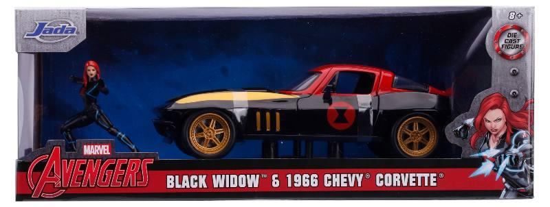 Marvel Black Widow 1966 Chevy in scala 1:24 die-cast con personaggio della Vedova Nera in die cast Simba