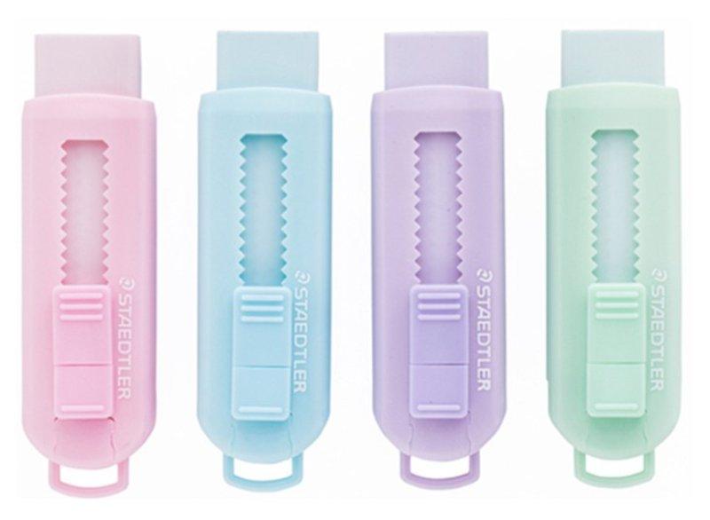 gomma colorata a scorrimento. Involucro esterno in plastica rigida dello stesso colore pastello della gomma, per matita. Senza PVC, ftalati e latice. staedtler