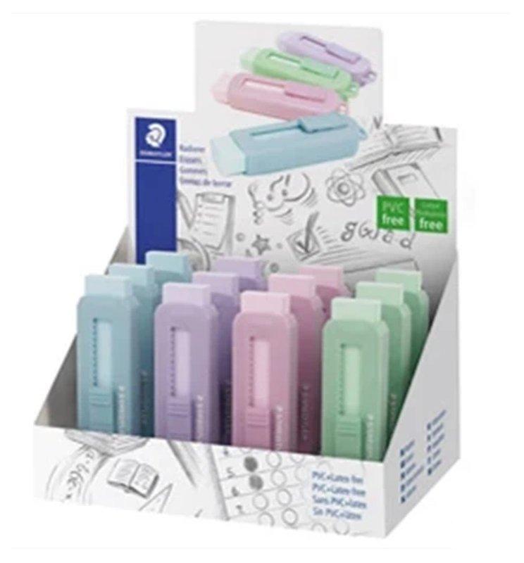 gomma colorata a scorrimento. Involucro esterno in plastica rigida dello stesso colore pastello della gomma, per matita. Senza PVC, ftalati e latice. staedtler
