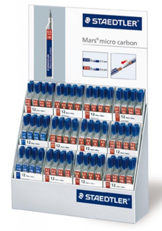 Mars micro carbon, espositore con 144 astucci da 12 mine grafite assortite nei tratti 0,5 e 0,7 mm: pz 72 x 05 HB; pz 12 x 05 B - 2B - H - 2H; pz 24 x 07 HB staedtler