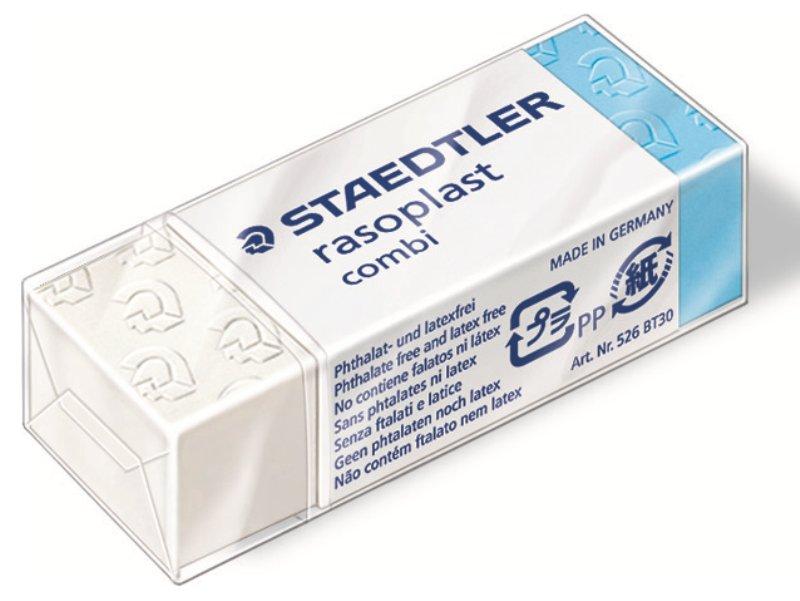 rasoplast combi gomma bianca/blu per matita e inchiostro di china; sintetica;dimensioni: 43 x 19 x 13 mm. Senza ftalati e senza latice. Parte blu per inchiostro su carta. staedtler