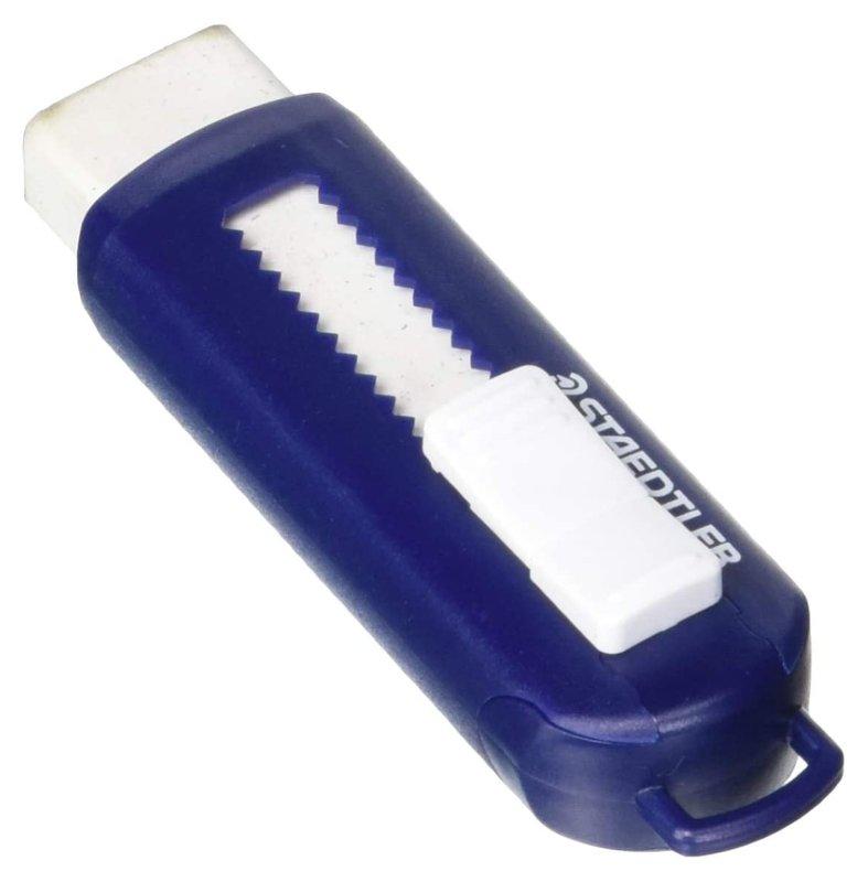 gomma bianca a scorrimento. Involucro esterno in plastica rigida colore blu, per matita. Senza PVC, ftalati e latice. staedtler