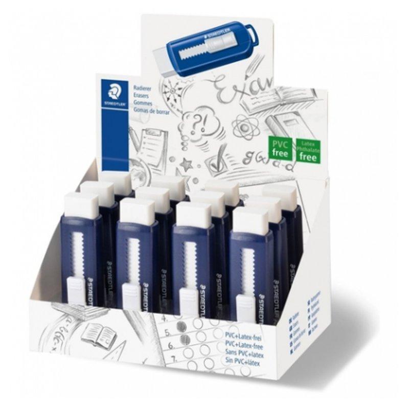 gomma bianca a scorrimento. Involucro esterno in plastica rigida colore blu, per matita. Senza PVC, ftalati e latice. staedtler