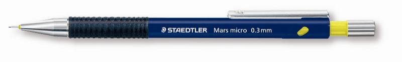 Mars micro, portamine per scrittura e disegno con punta ad ago rientrante; impugnatura antiscivolo in caucciu'; gommino sostituibile; disponibile nei tratti: 0,3 - 0,5 - 0,7 - 0,9 mm. staedtler