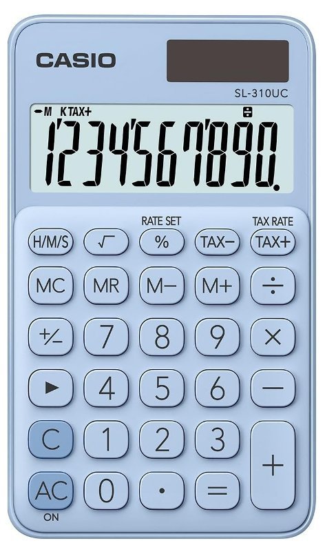 Calcolatrice tascabile con display a 10 cifre e con possibilita' di effettuare diversi calcoli come: calcolo IVA, calcolo del tempo, calcolo profitto e calcolo della percentuale ed e' dotata di radice quadrata, 3 tasti memoria casio