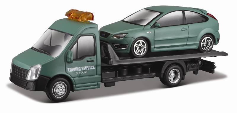 1/43 STR FIRE Flatbed Transport, Car Hauler w/ Ford Focus ST Dull Green bburago